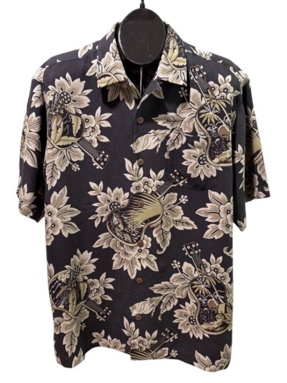 Tommy Bahama Silk Camp Shirt Men's M Black Green Hawaiian Guitar Ukele EUC